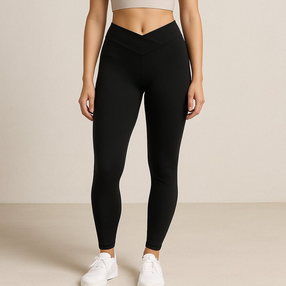 Black High Waisted Crossover Waist Active Leggings Stretchy Yoga Gym Pants